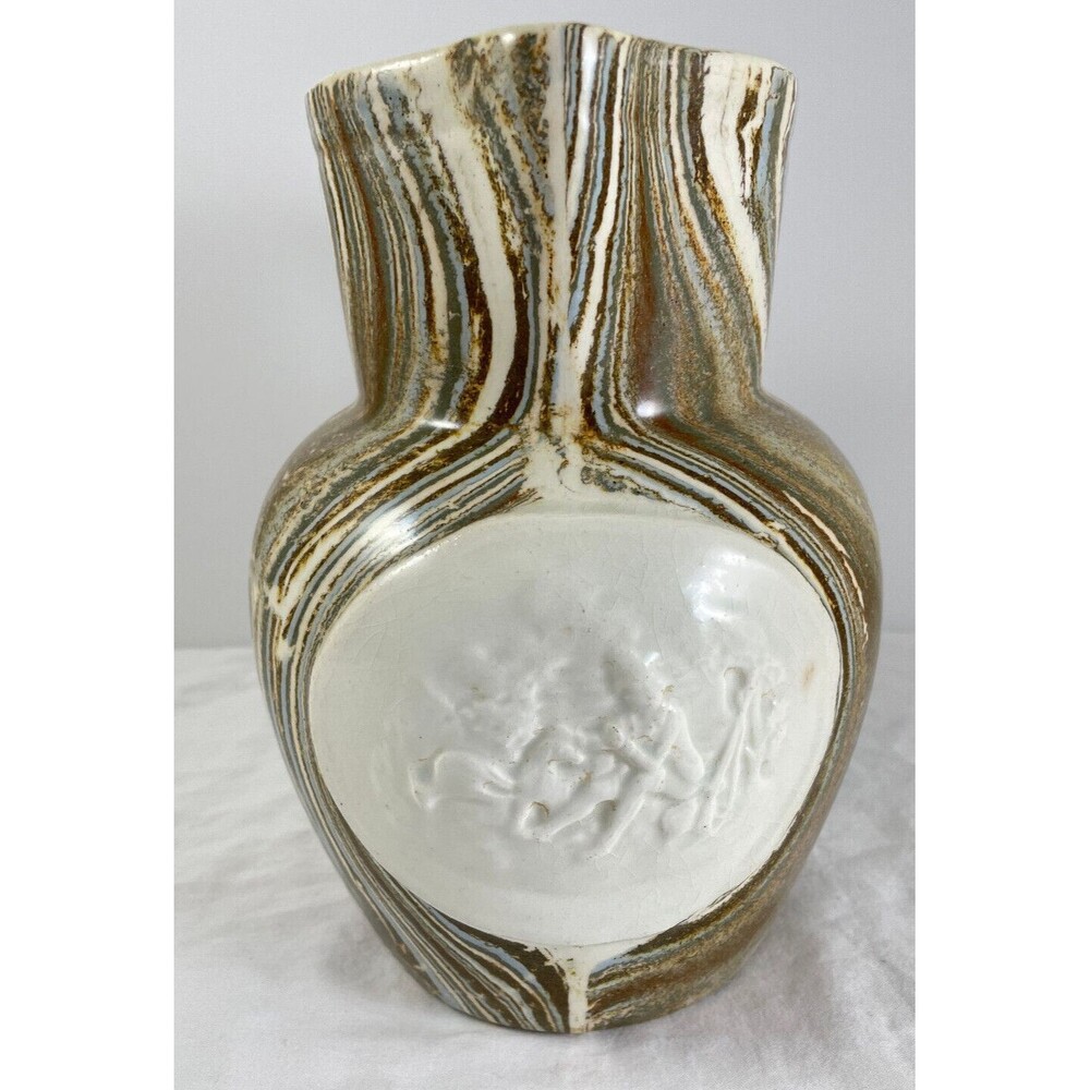 Marbled Agate Ware Pitcher Colonial Relief Carved Mocha Grey RARE Striped 9"H